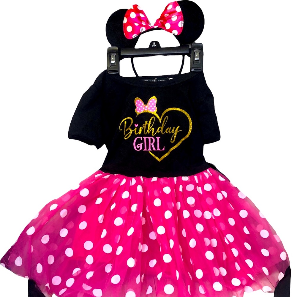 Minnie Mouse Birthday Girl 4T Pink Polka Tulle White Polka Dots Dress Headband